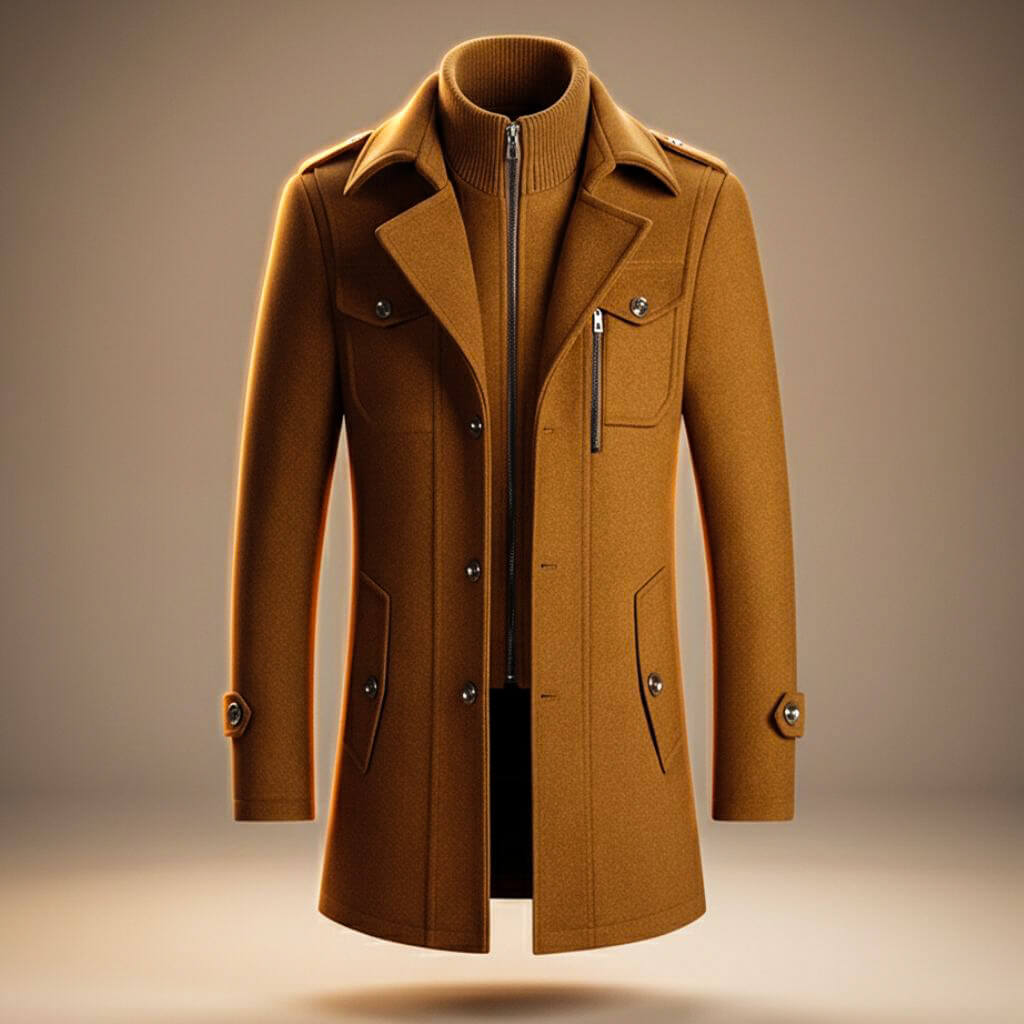 Structured long coat with high collar, lapels, button front and multiple pockets