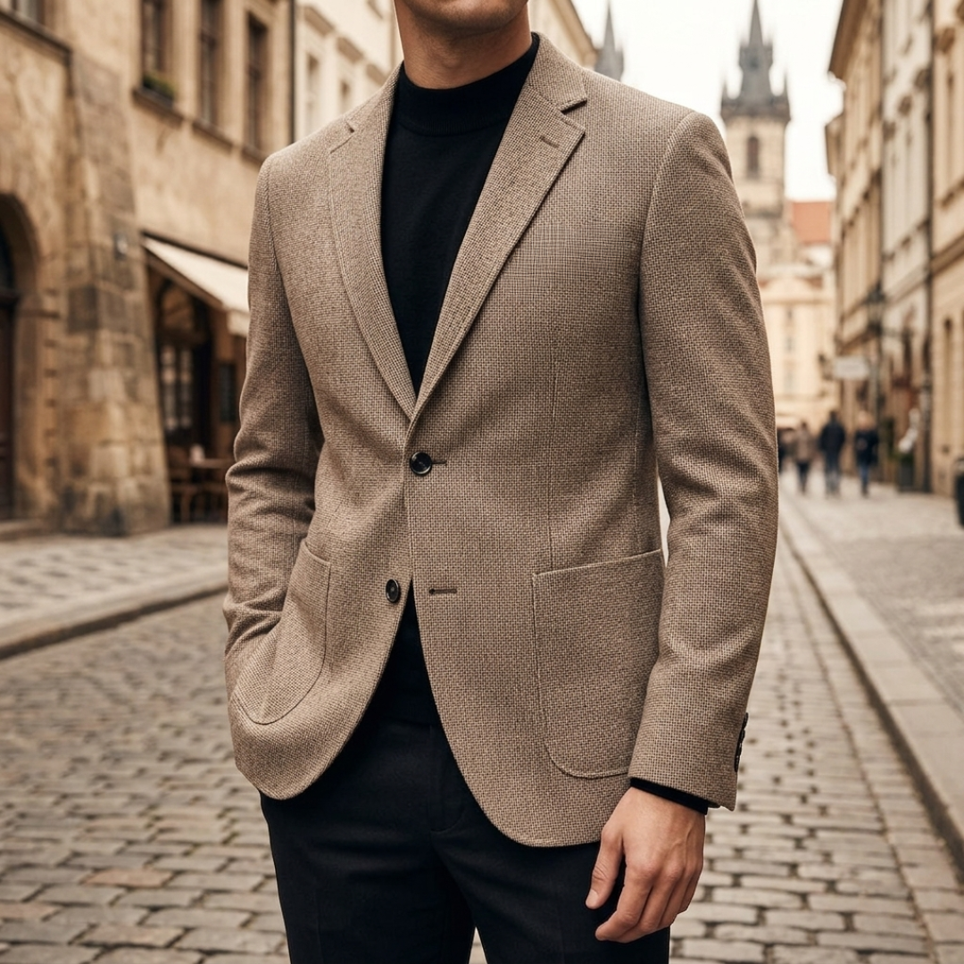 Men's slim fit textured blazer with notch lapels, long sleeves and front buttons