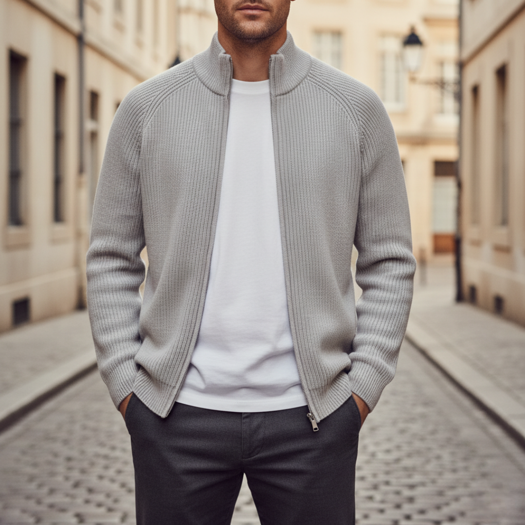 Men's ribbed knit cardigan with stand collar and full zip