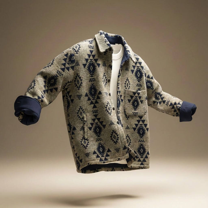 Geometric pattern men's button-front jacket with collar, long sleeves and front pockets