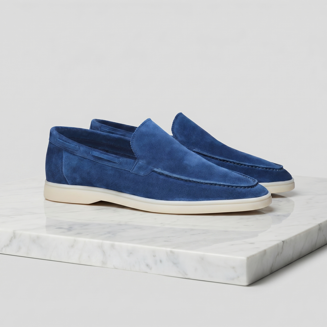 Men's Suede Slip On Loafers, Apron Toe, Moccasin Stitch