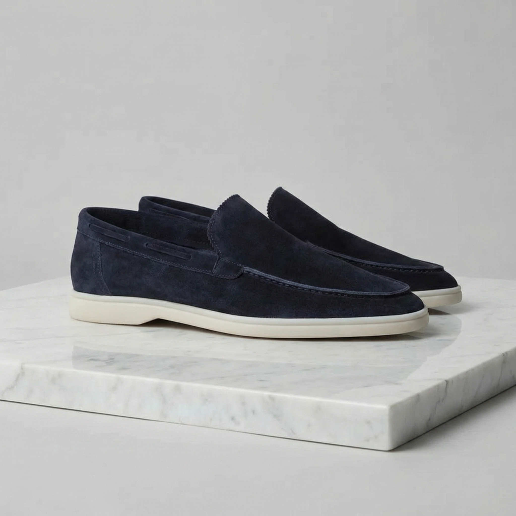 Men's Suede Slip On Loafers, Apron Toe, Moccasin Stitch