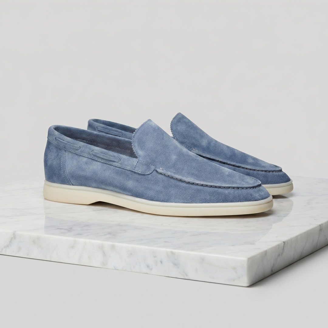 Men's Suede Slip On Loafers, Apron Toe, Moccasin Stitch