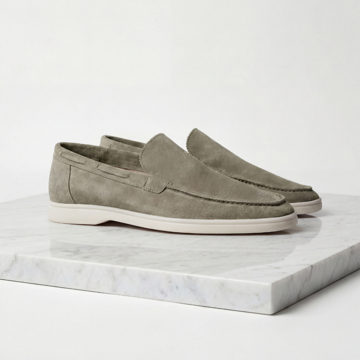 Men's Suede Slip On Loafers, Apron Toe, Moccasin Stitch