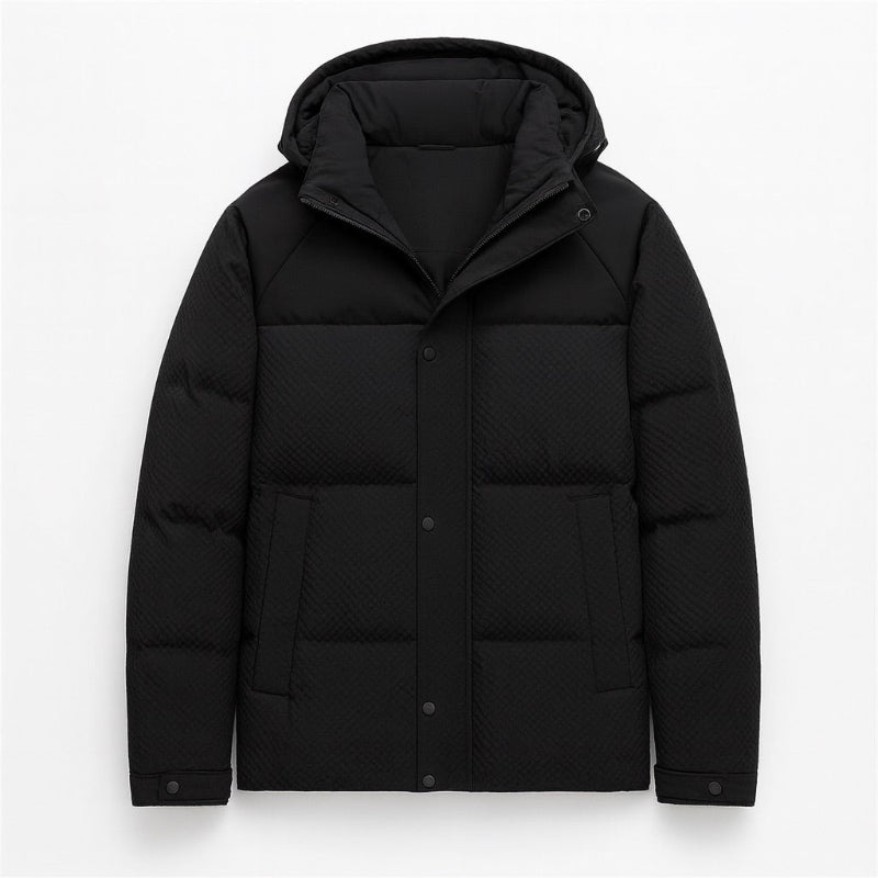Men's quilted hooded padded jacket with long sleeves and front pockets