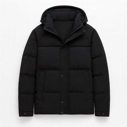 Men's quilted hooded padded jacket with long sleeves and front pockets