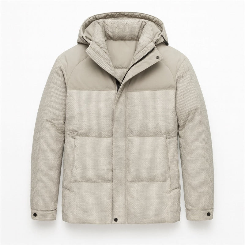 Men's quilted hooded padded jacket with long sleeves and front pockets