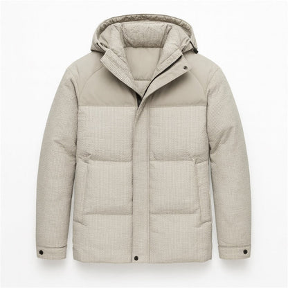Men's quilted hooded padded jacket with long sleeves and front pockets