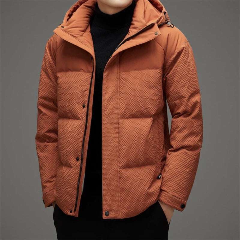 Men's quilted hooded padded jacket with long sleeves and front pockets