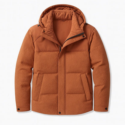 Men's quilted hooded padded jacket with long sleeves and front pockets
