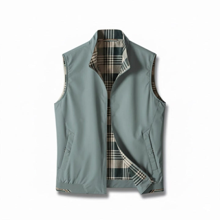 Sleeveless plaid-lined gilet vest with stand collar, zip front and zipped pockets