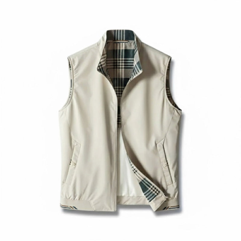 Sleeveless plaid-lined gilet vest with stand collar, zip front and zipped pockets