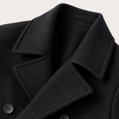 Men's black double-breasted peacoat with notched lapels and long sleeves
