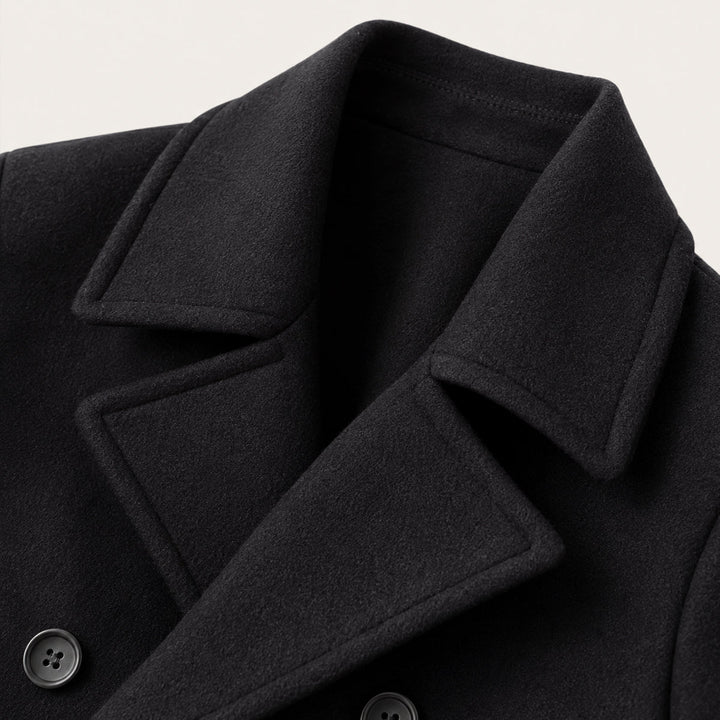 Men's black double-breasted peacoat with notched lapels and long sleeves