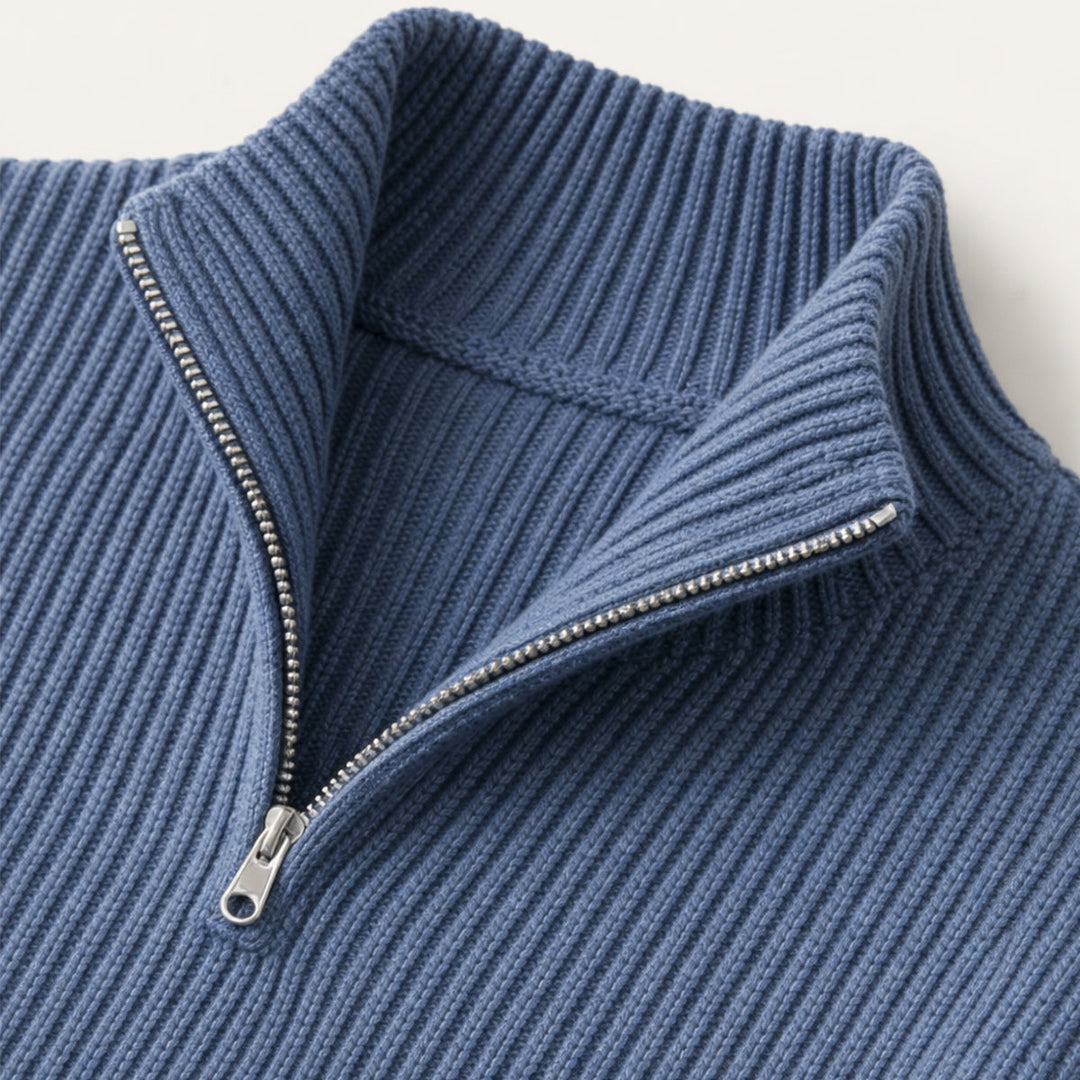 Men's ribbed knit half-zip sweater with mock neck and long sleeves