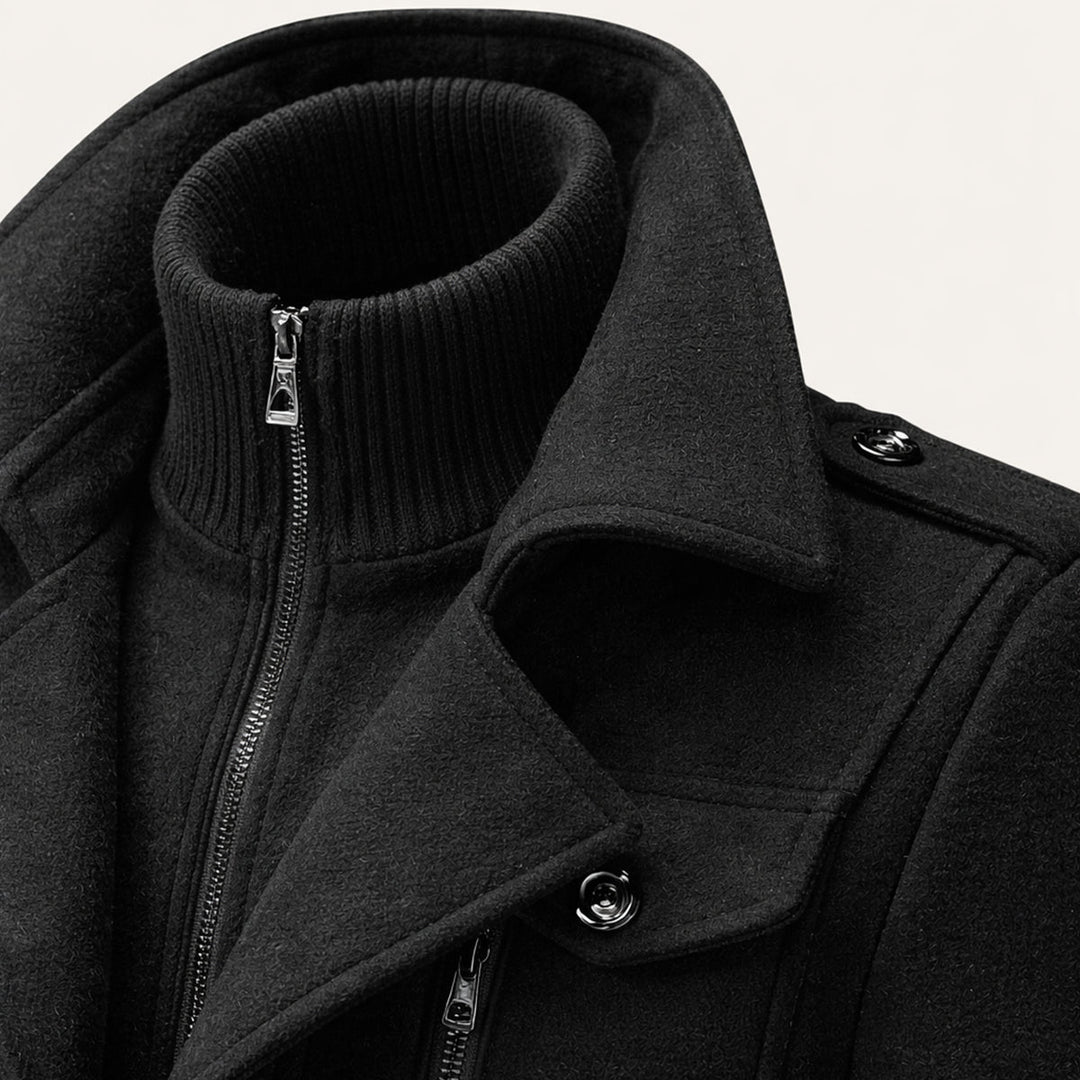 Men's long structured coat with stand collar, zip front, buttons and flap pockets