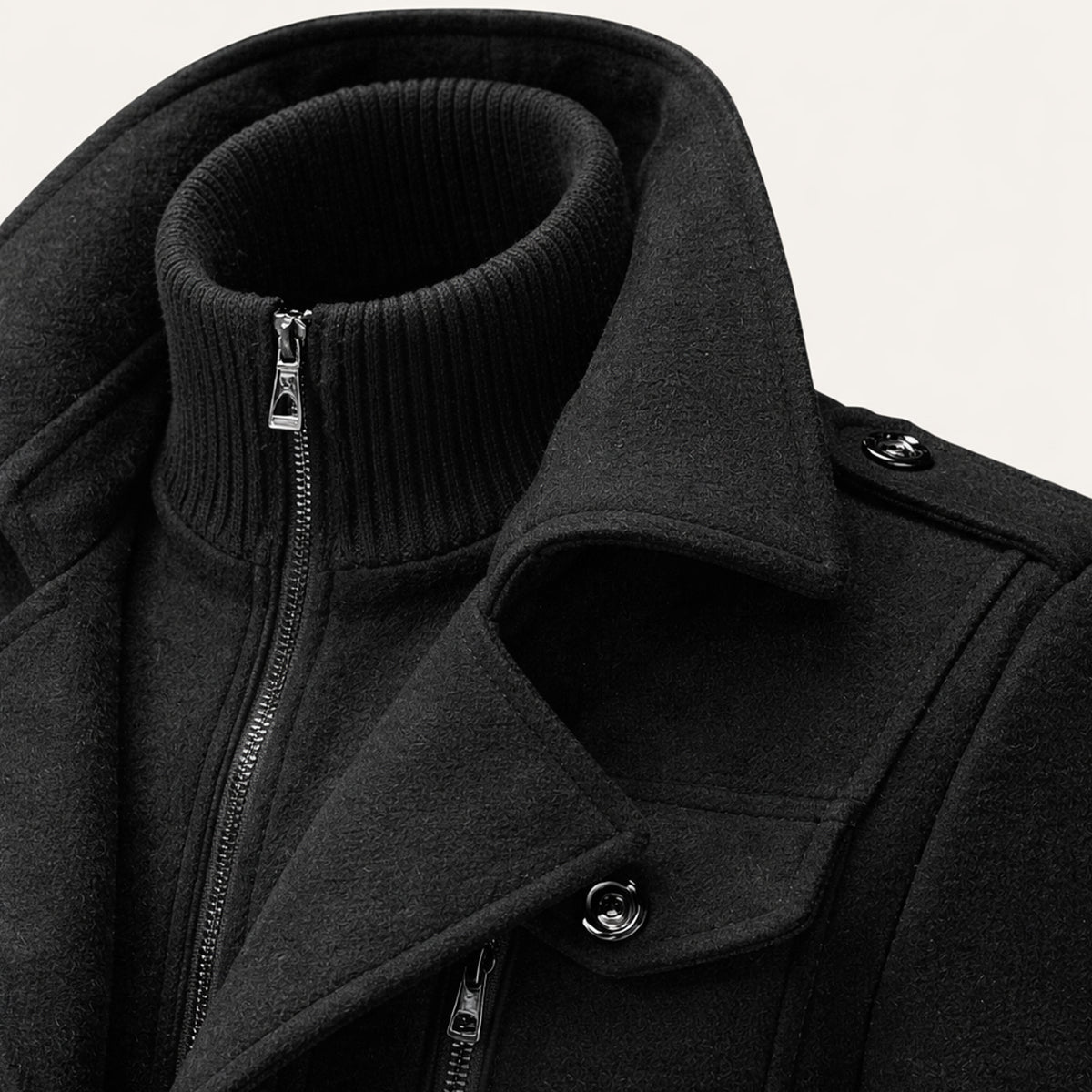 Men's long structured coat with stand collar, zip front, buttons and flap pockets