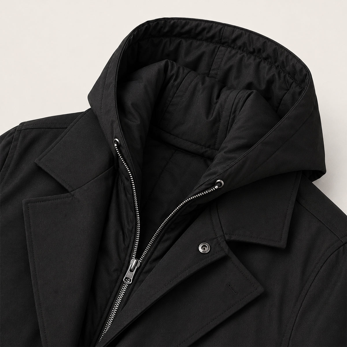 Men's hooded long parka coat with lapels, button front and side pockets