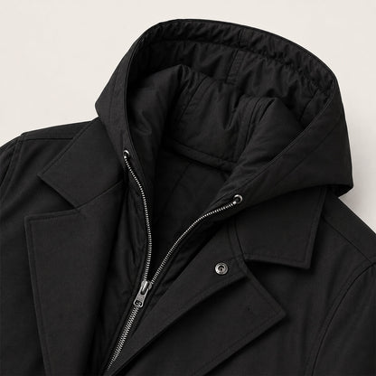 Men's hooded long parka coat with lapels, button front and side pockets