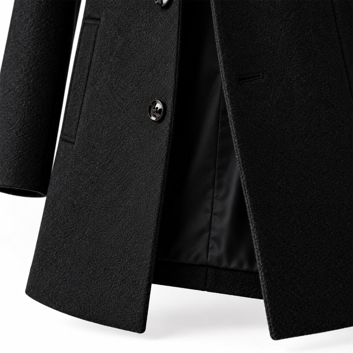 Men's single-breasted overcoat with notched lapels, long sleeves and side pockets