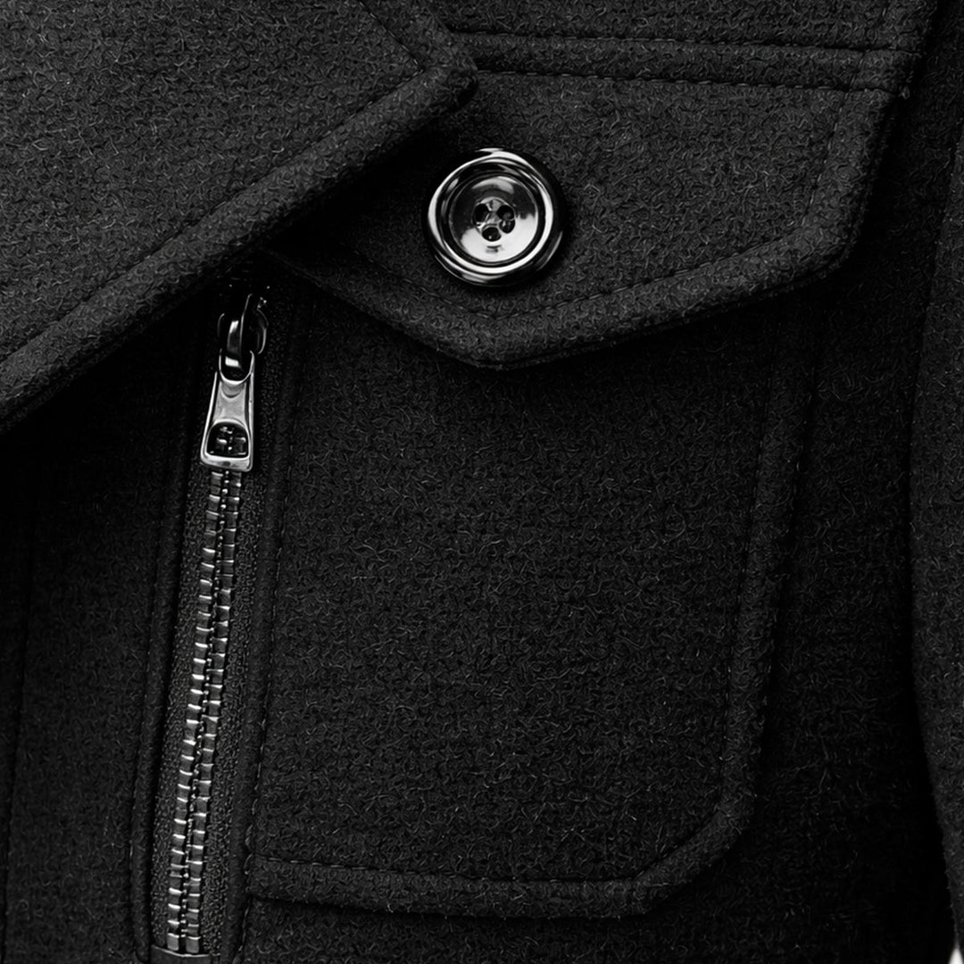 Men's long structured coat with stand collar, zip front, buttons and flap pockets