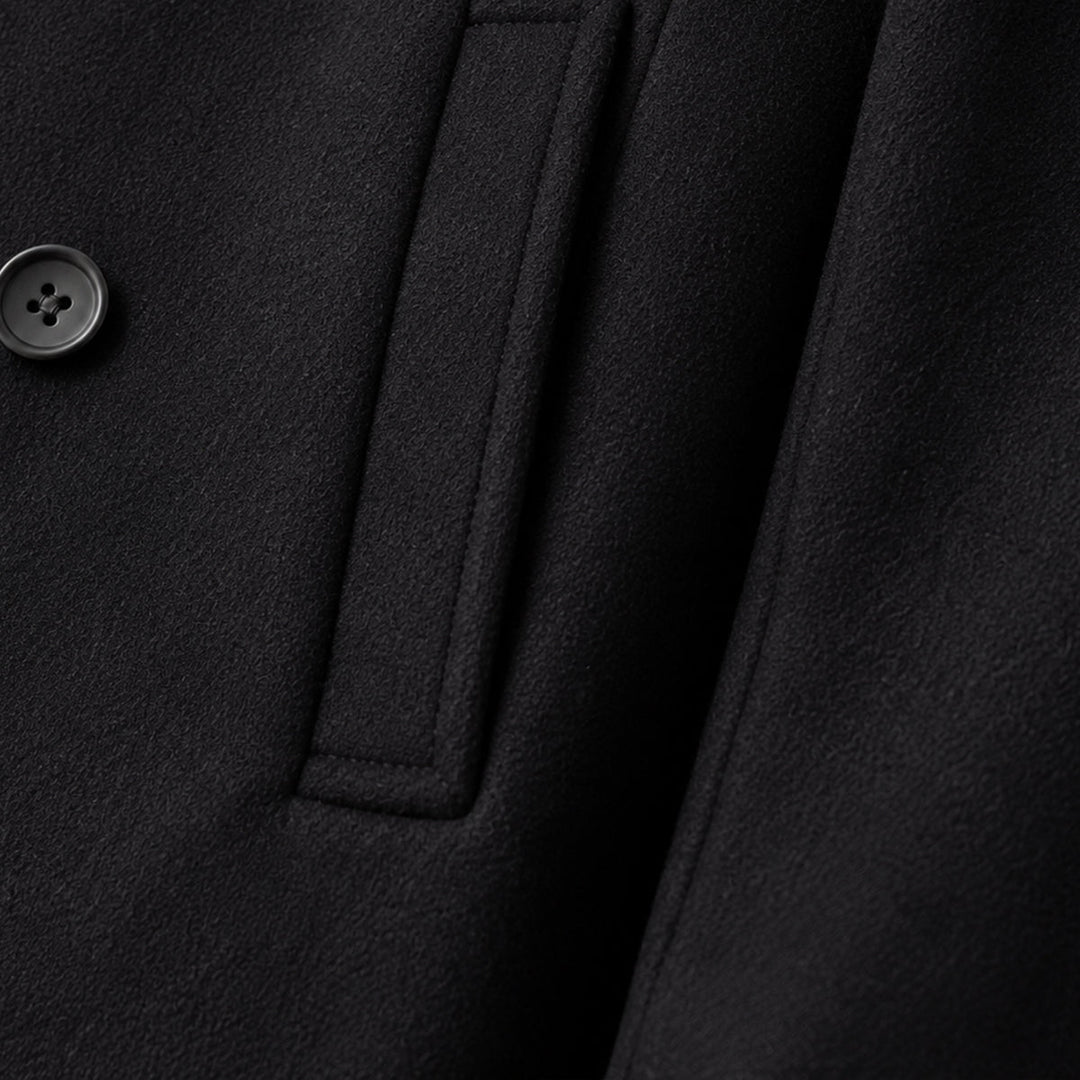 Men's black double-breasted peacoat with notched lapels and long sleeves