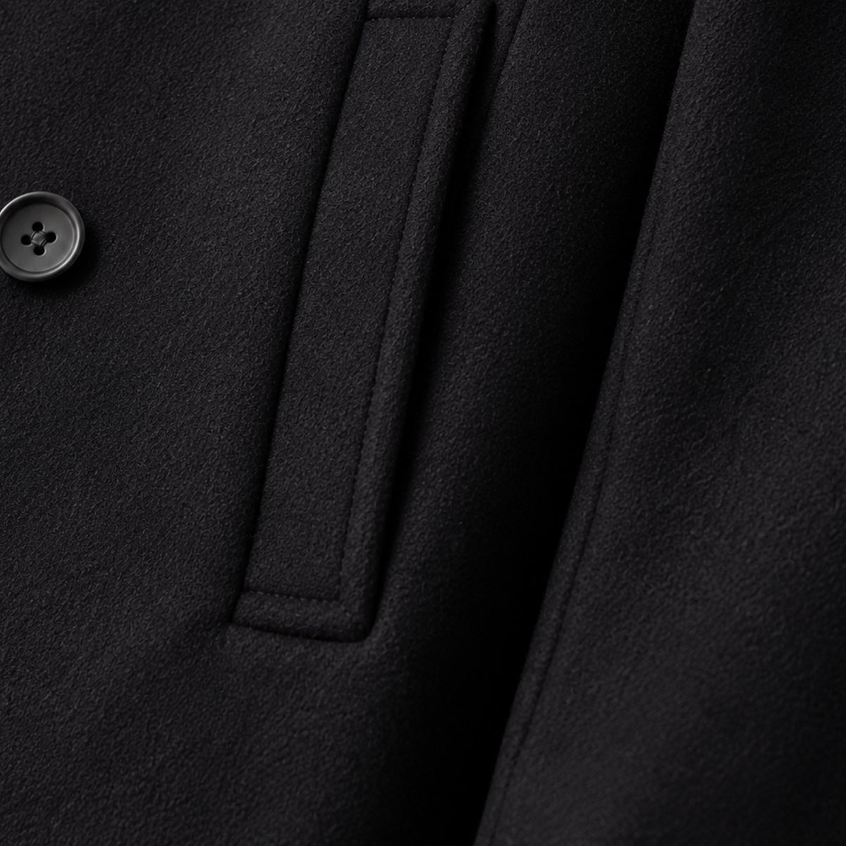 Men's black double-breasted peacoat with notched lapels and long sleeves