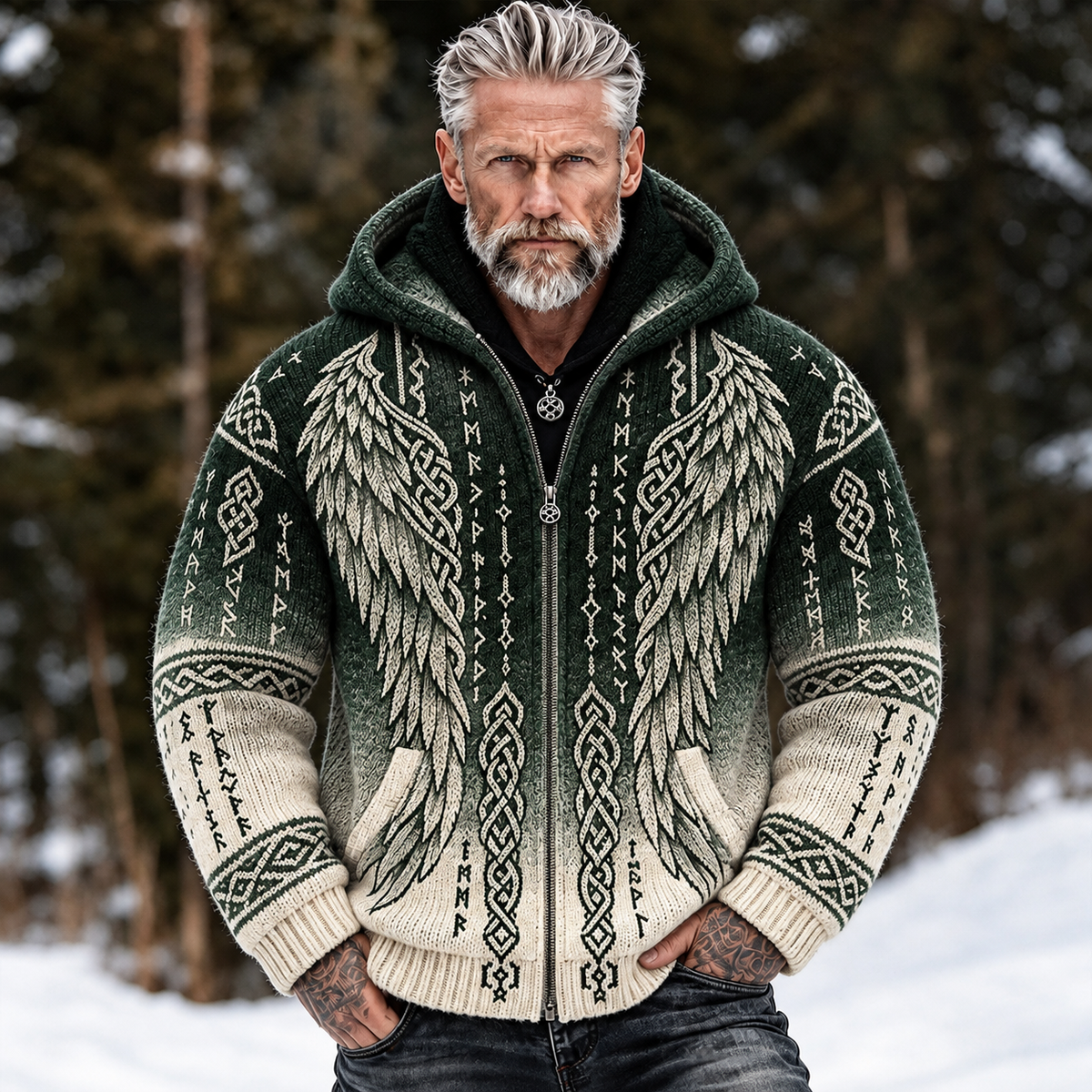 Men's hooded jacquard cardigan sweater with Nordic wing and Celtic knot patterns
