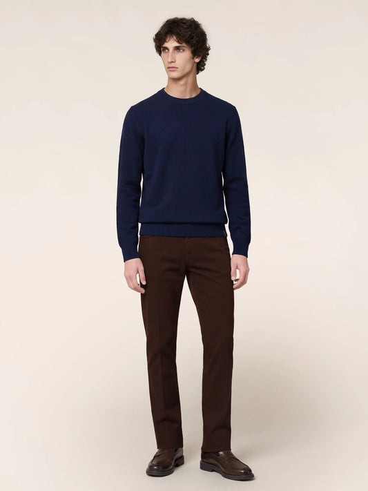 Men's navy crew neck jumper with long sleeves and ribbed trims