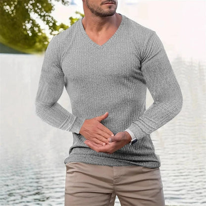 Men's ribbed V-neck sweater with long sleeves
