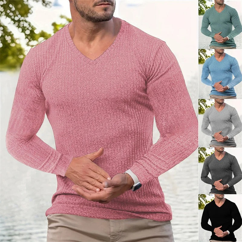 Men's ribbed V-neck sweater with long sleeves