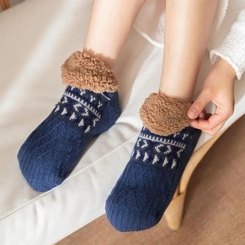 Nordic patterned house socks with plush lining and textured grip soles