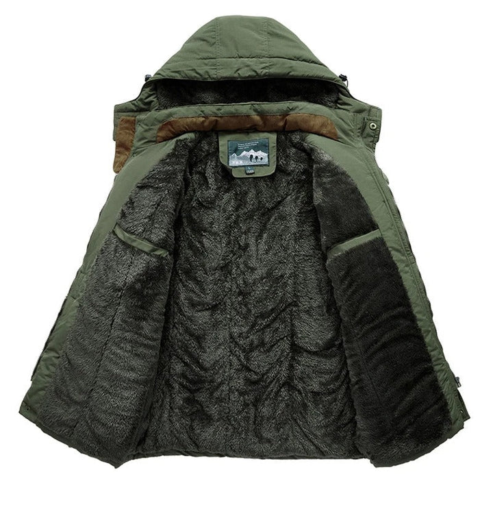 Men's hooded winter jacket with multiple zipped and flap pockets