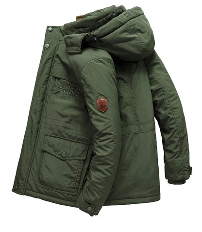 Men's hooded winter jacket with multiple zipped and flap pockets