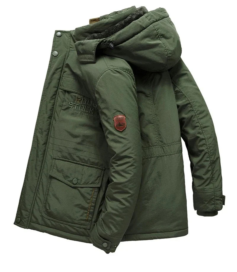 Men's hooded winter jacket with multiple zipped and flap pockets