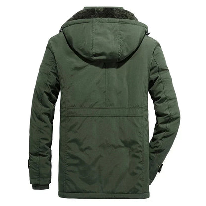 Men's hooded winter jacket with multiple zipped and flap pockets