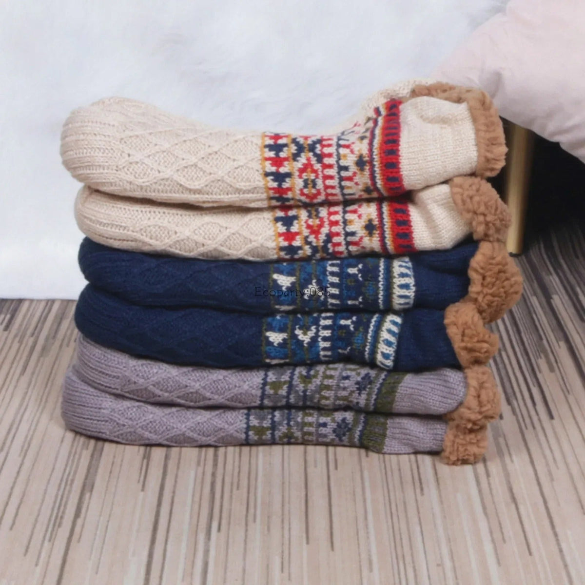 Nordic patterned house socks with plush lining and textured grip soles