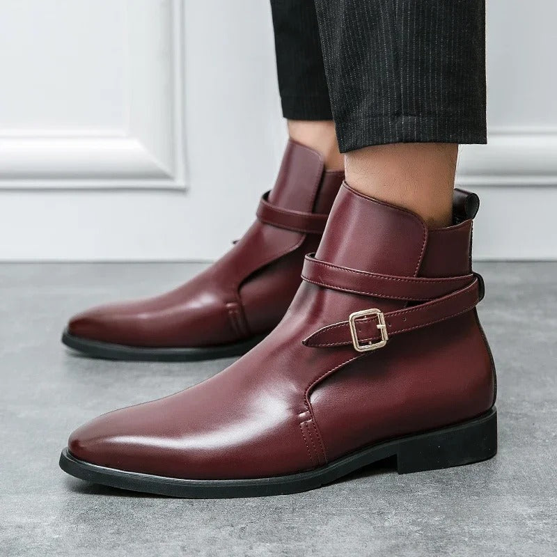 Men's polished ankle boots with side buckle strap