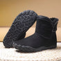 Barefoot ankle boots with fur trim, buckle straps and textured flat soles