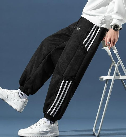 Men's fleece jogger trousers with contrast side stripes and elasticated cuffs