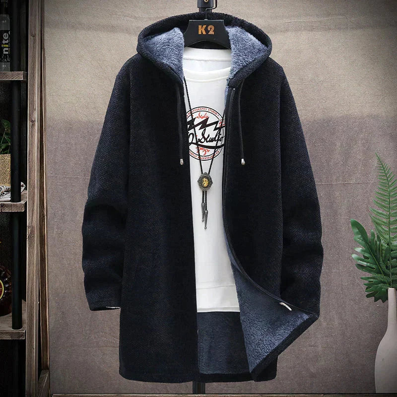 Men's hooded textured knit jacket with zip front and long sleeves