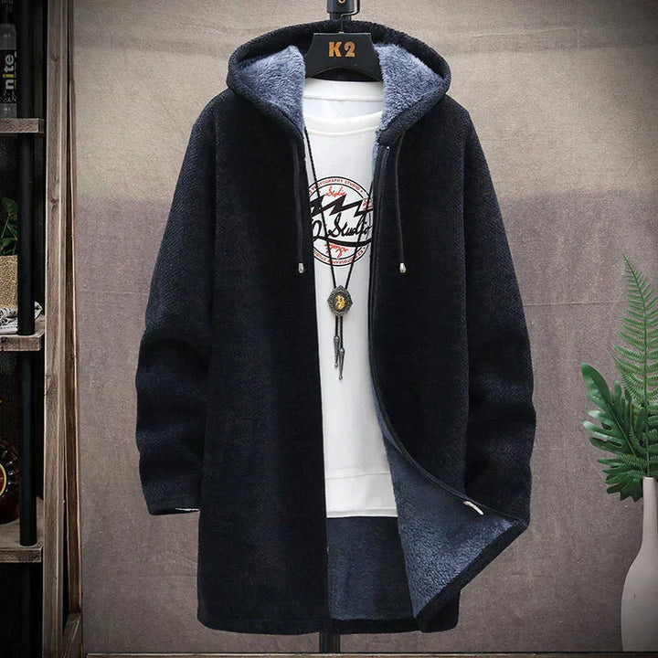 Men's hooded textured knit jacket with zip front and long sleeves