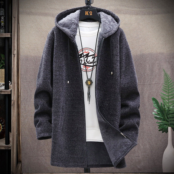 Men's hooded textured knit jacket with zip front and long sleeves