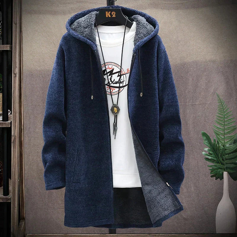 Men's hooded textured knit jacket with zip front and long sleeves