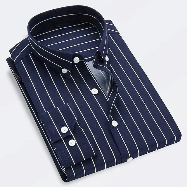 Men's striped button-up shirt with button-down collar and long sleeves
