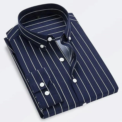 Men's striped button-up shirt with button-down collar and long sleeves