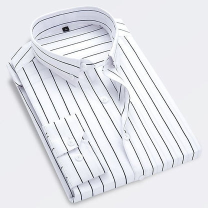 Men's striped button-up shirt with button-down collar and long sleeves