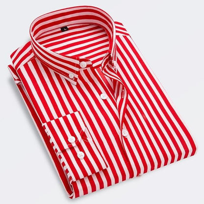 Men's striped button-up shirt with button-down collar and long sleeves