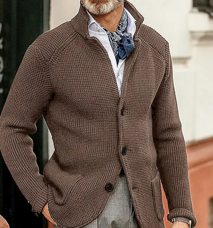 Men's textured button front blazer with stand collar and long sleeves