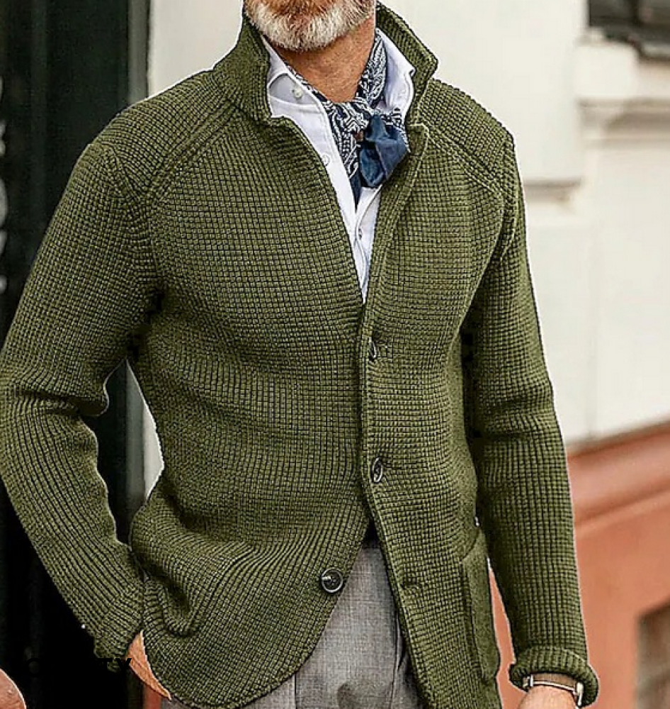 Men's textured button front blazer with stand collar and long sleeves